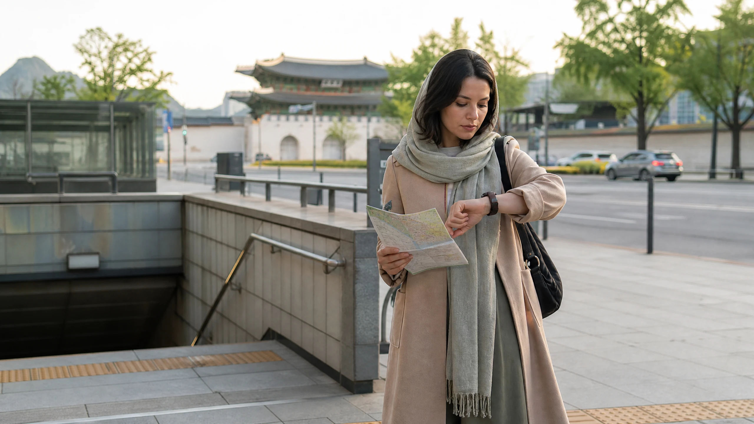 Traveler reviewing a Seoul transit route and a timed heritage-site itinerary