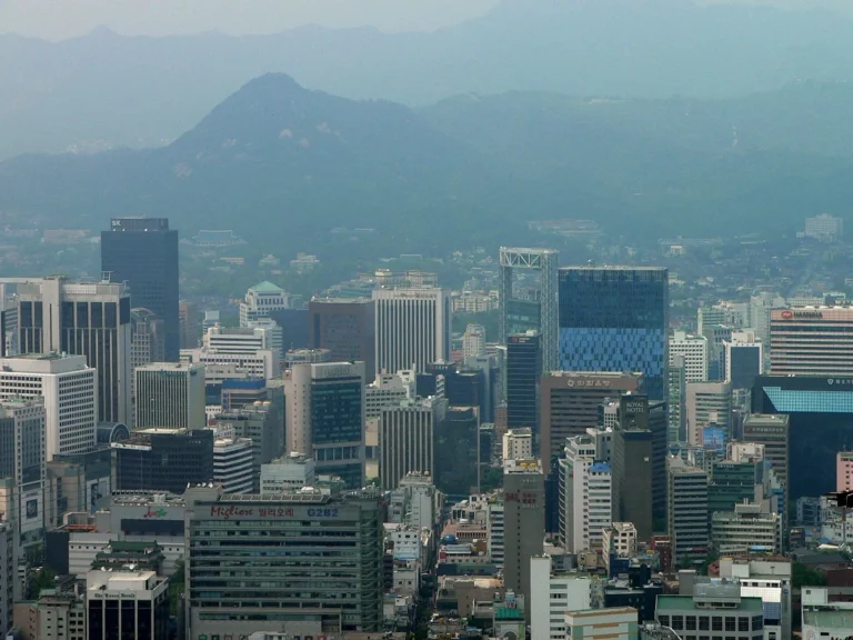 Downtown Seoul hotel district with high-rise buildings, South Korea.