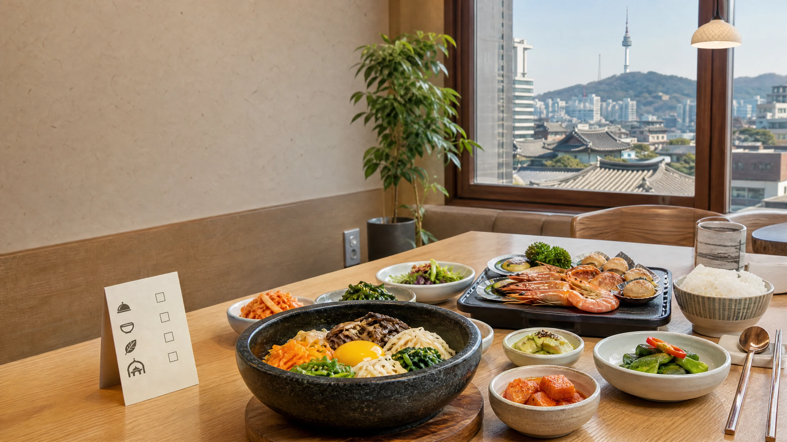 Muslim traveler reviewing a Korean restaurant menu before choosing a meal