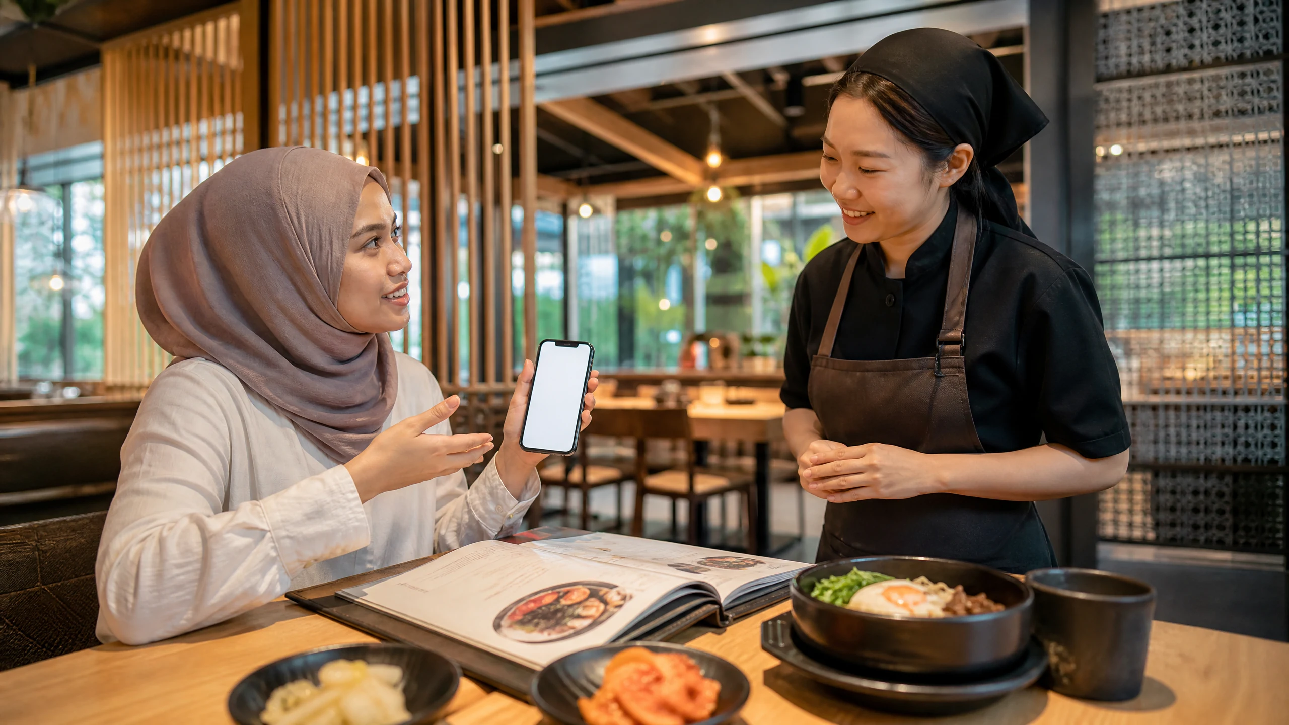 Traveler checking ingredient and halal-menu questions on a phone at a Korean restaurant