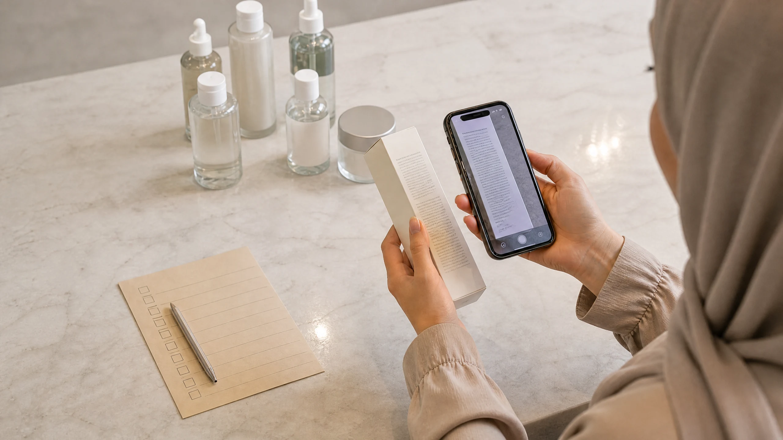 Traveler comparing a K-beauty ingredient panel with a phone checklist