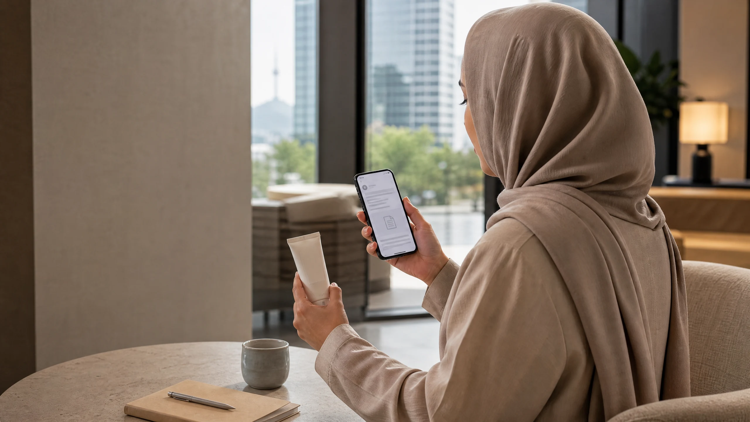 Muslim traveler checking manufacturer verification for an unbranded K-beauty product