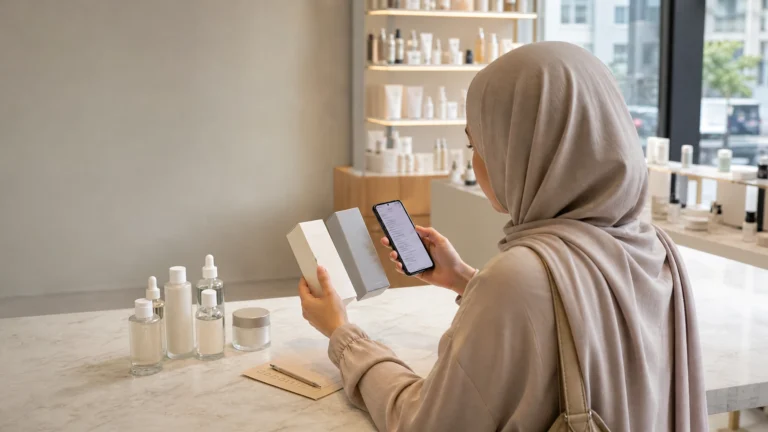 Muslim traveler comparing unbranded K-beauty products and an ingredient list in a Seoul beauty shop