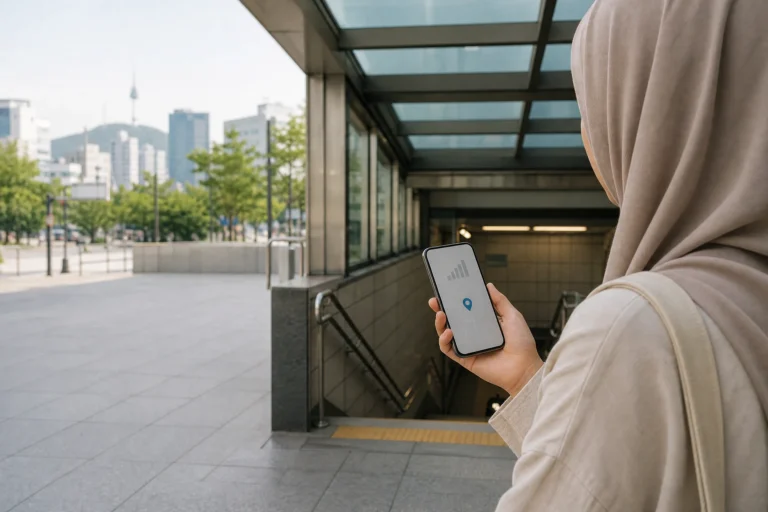Muslim traveler checking a smartphone outside a Seoul transit station