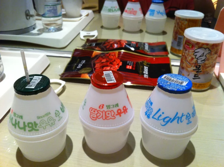 Packaged food and drink products in a Seoul supermarket.