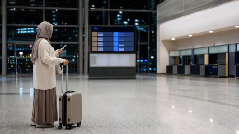 Muslim traveler checking transport details in a quiet airport arrivals hall at night