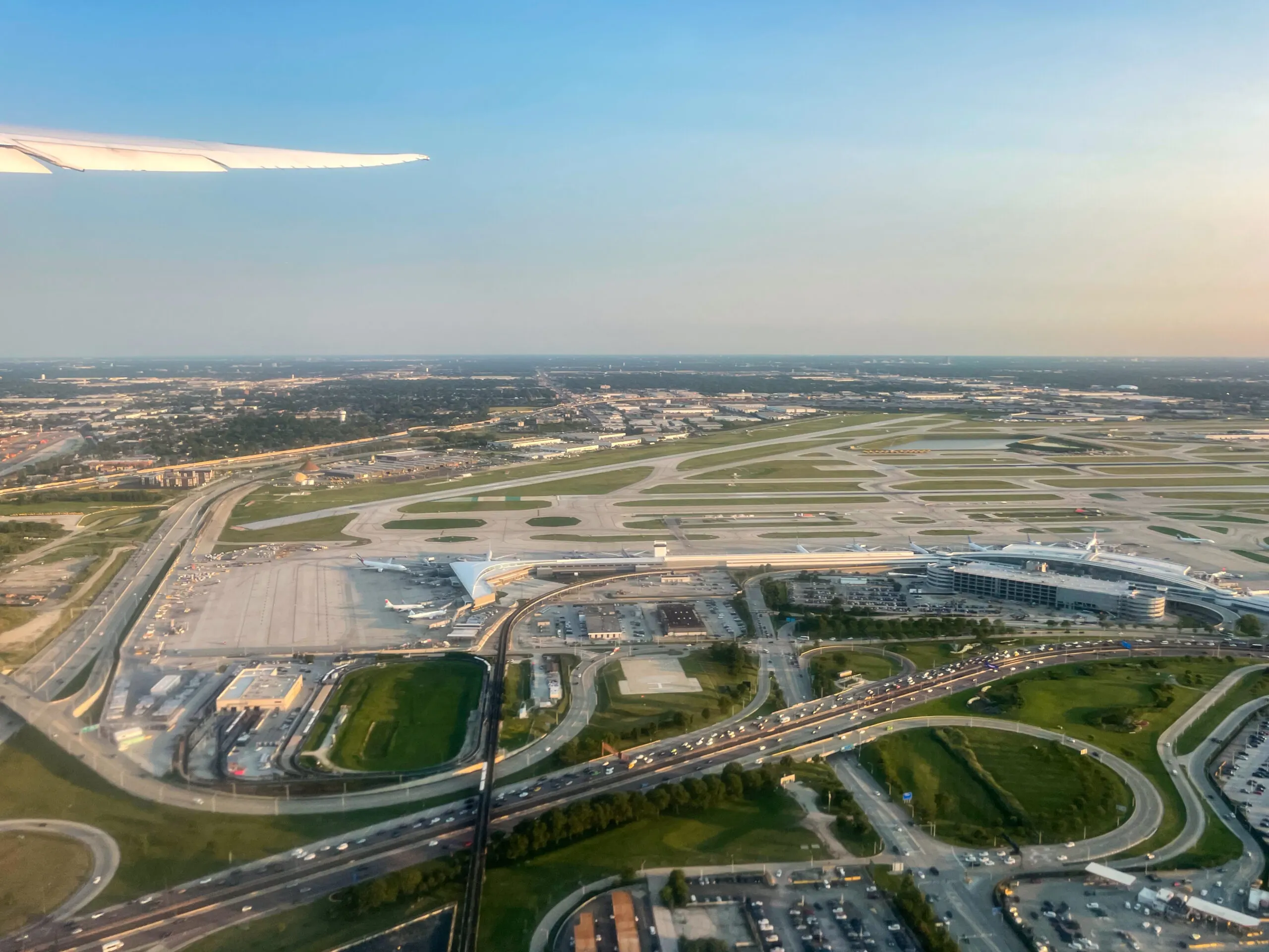 Aerial view over Chicago O'Hare International Airport in Illinois; this contextual image does not show a prayer room or identify a specific terminal.