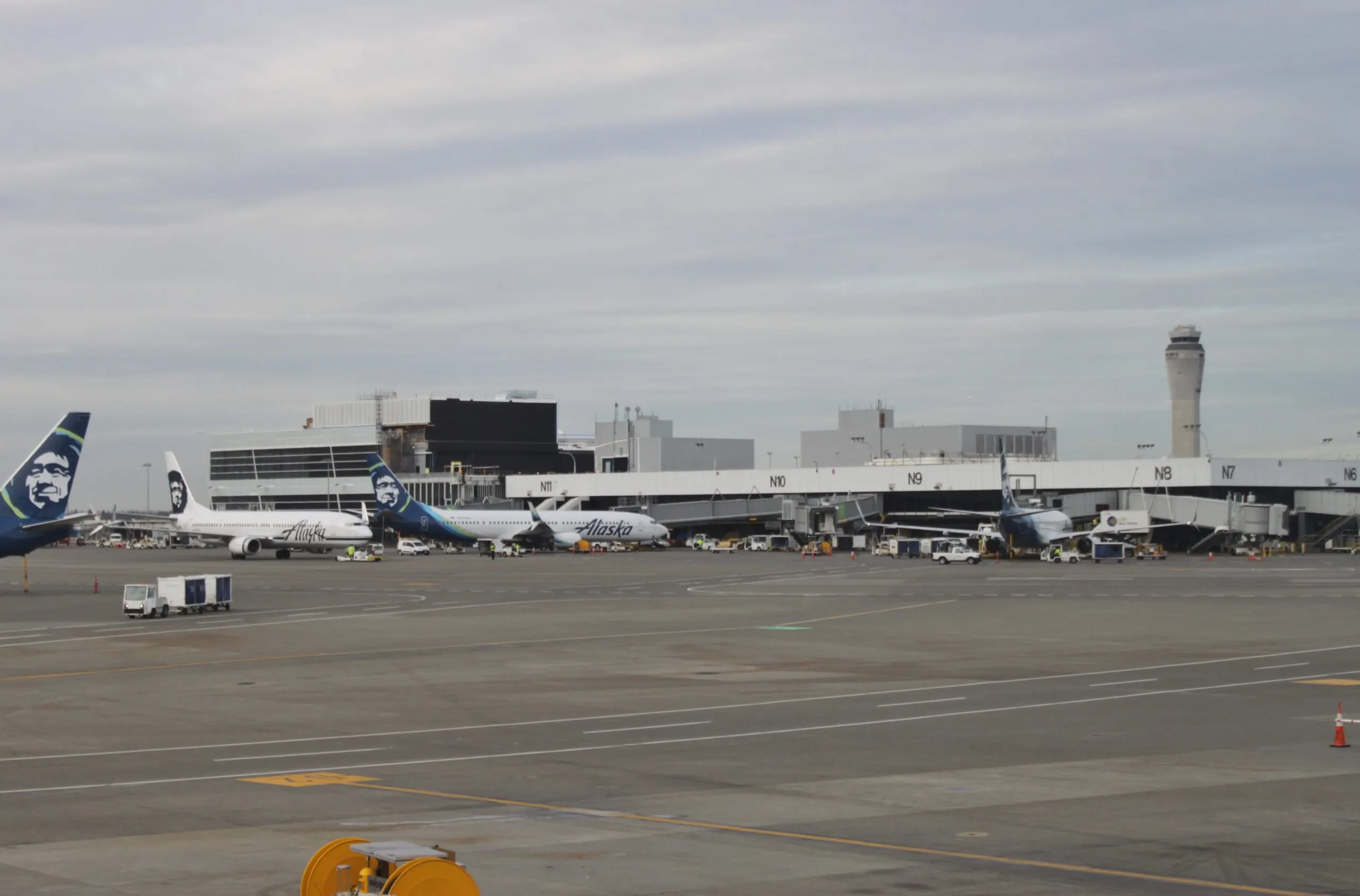 Alaska Airlines aircraft at Seattle-Tacoma International Airport North Satellite Terminal.