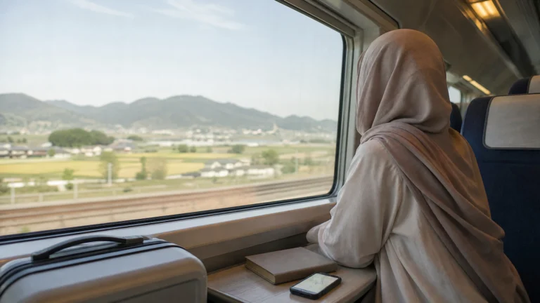 Muslim traveler looking out of a train window while planning a Seoul to Busan journey