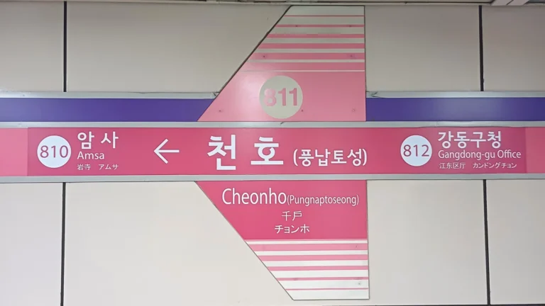A Seoul Metro station sign with Korean and English place names.