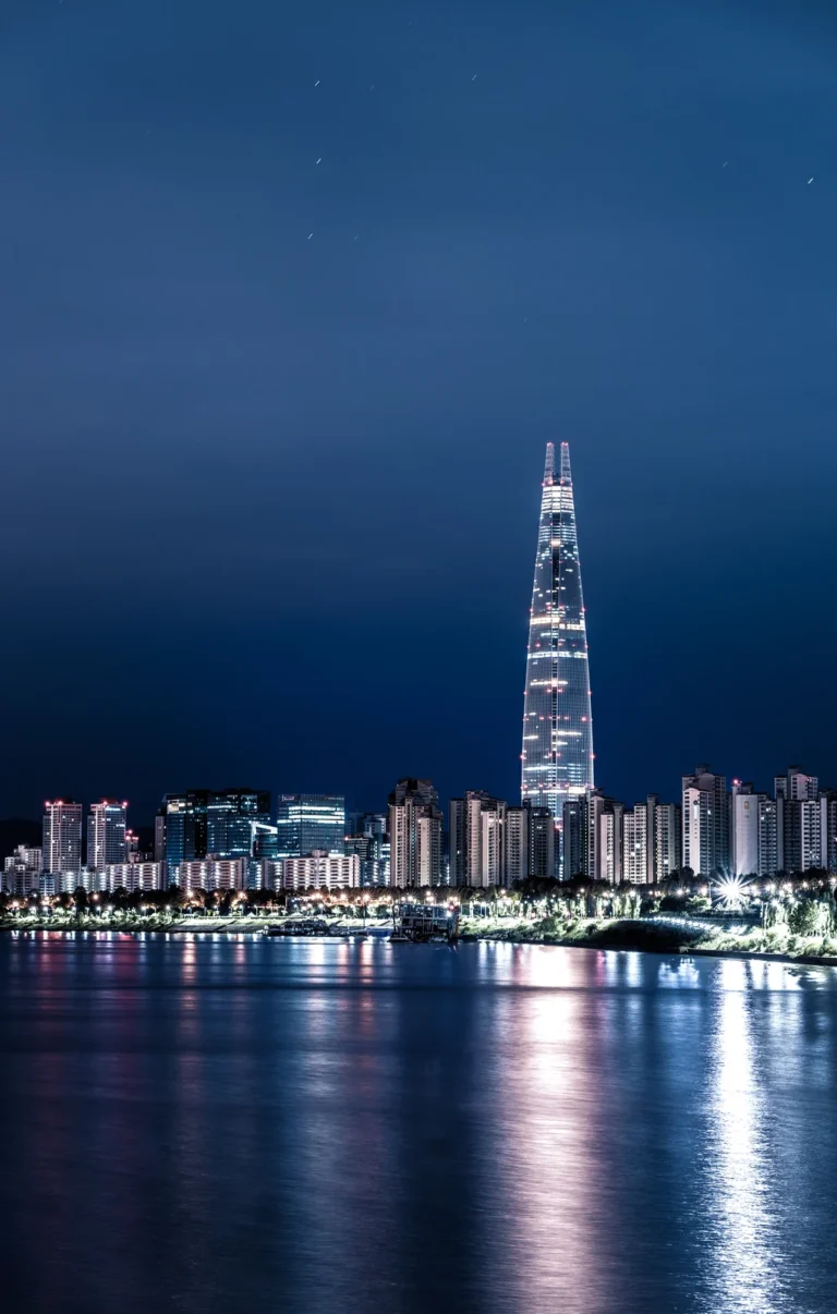 Seoul skyline at night beside the Han River, South Korea.