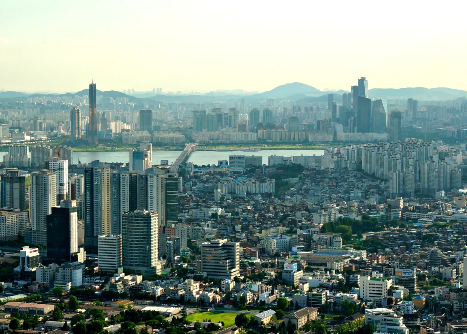 Aerial view of Seoul and the Han River, South Korea.