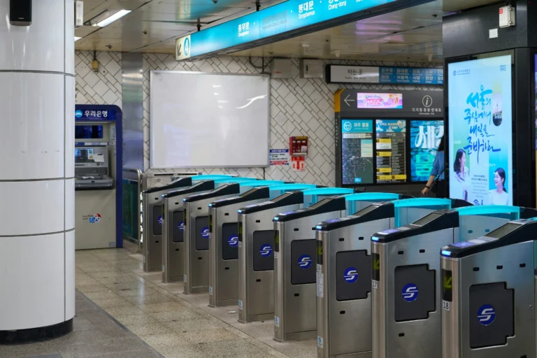 Seoul subway turnstiles for travelers using public transport in Korea