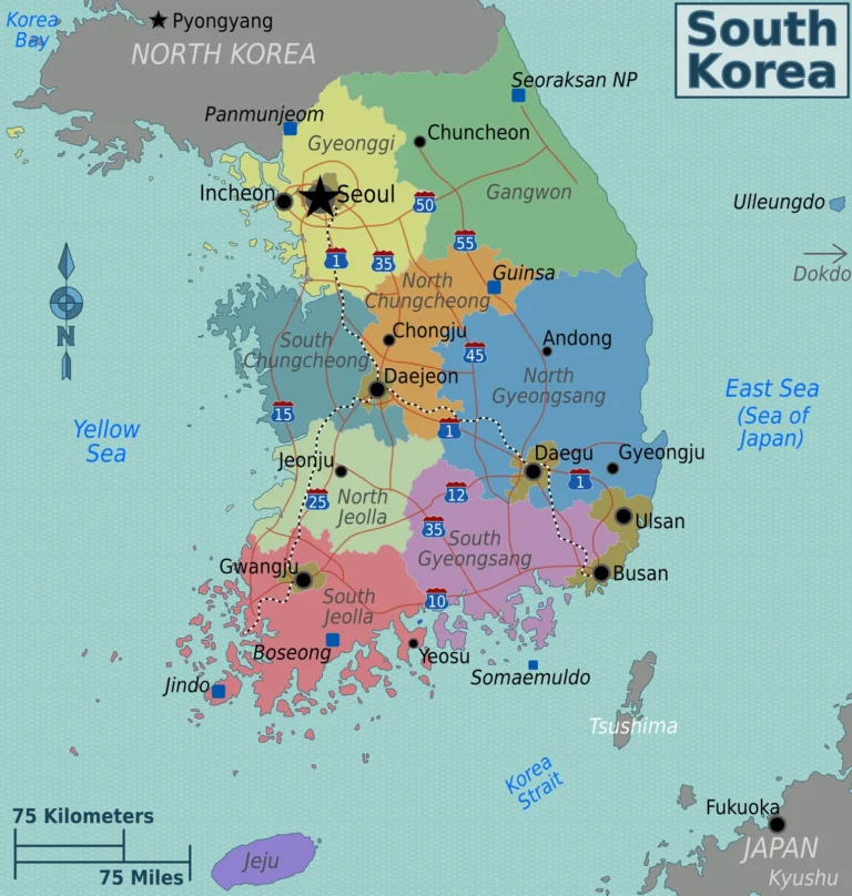 Map of South Korea showing major regions and cities.