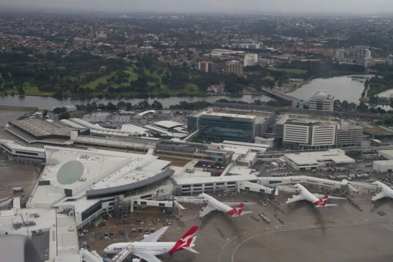 Sydney Airport International Terminal exterior and aircraft apron.