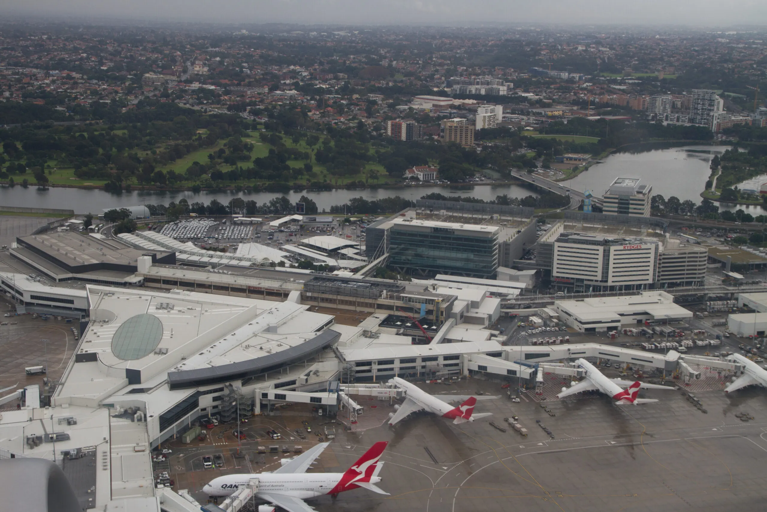 Sydney Airport International Terminal exterior and aircraft apron.